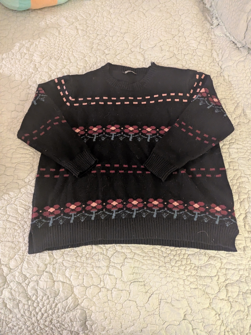 BloomChic Black Crewneck Sweater with Pink Floral Accents
